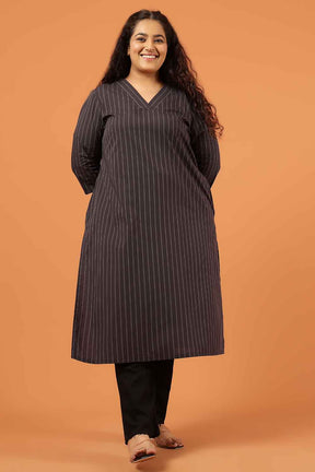 Plus Size Black Pinstripe Cotton V Neck Kurta