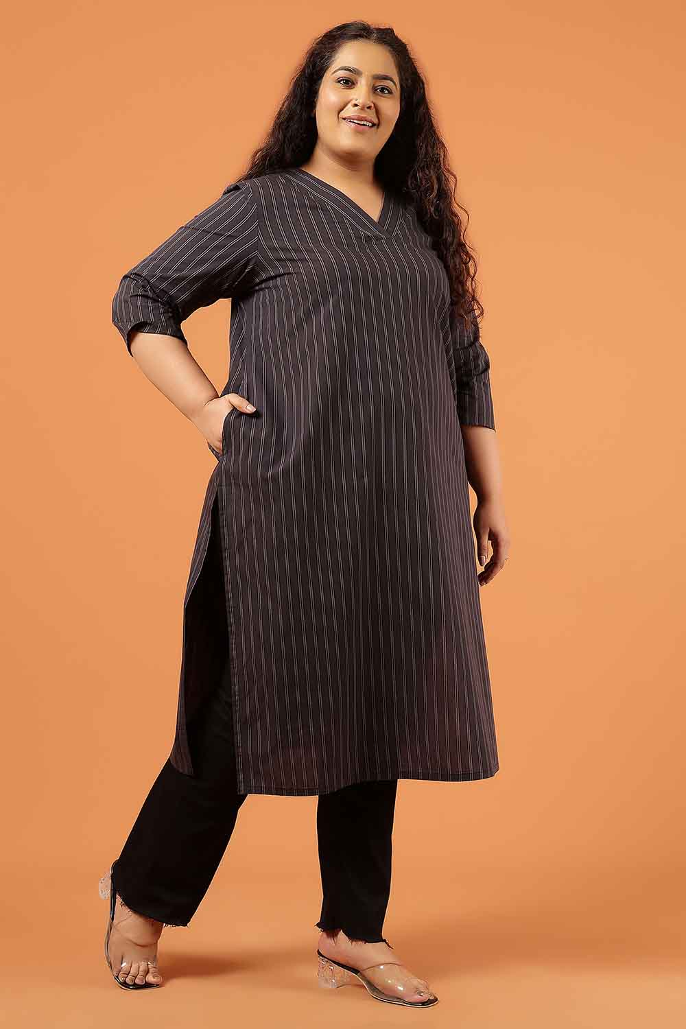 Comfortable Plus Size Black Pinstripe Cotton V Neck Kurta