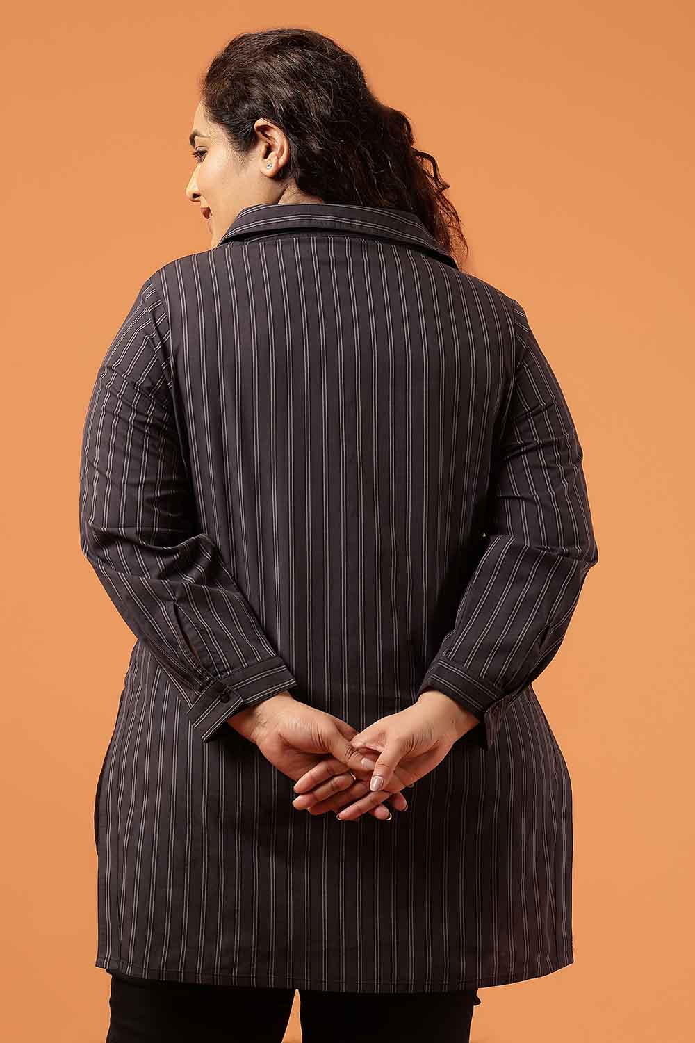 Comfortable Plus Size Black Pinstripe Cotton High Slit Longline Shirt
