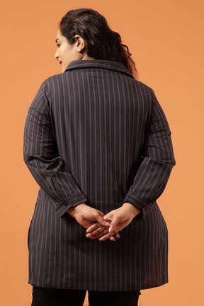 Plus Size Black Pinstripe Cotton High Slit Longline Shirt