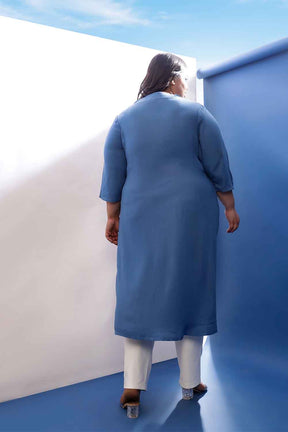 Plus Size Blue Rayon Twill V Neck Kurta