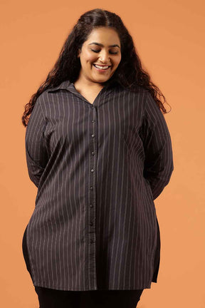 Plus Size Black Pinstripe Cotton High Slit Longline Shirt