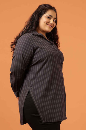 Plus Size Black Pinstripe Cotton High Slit Longline Shirt