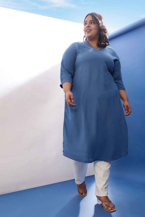 Plus Size Blue Rayon Twill V Neck Kurta