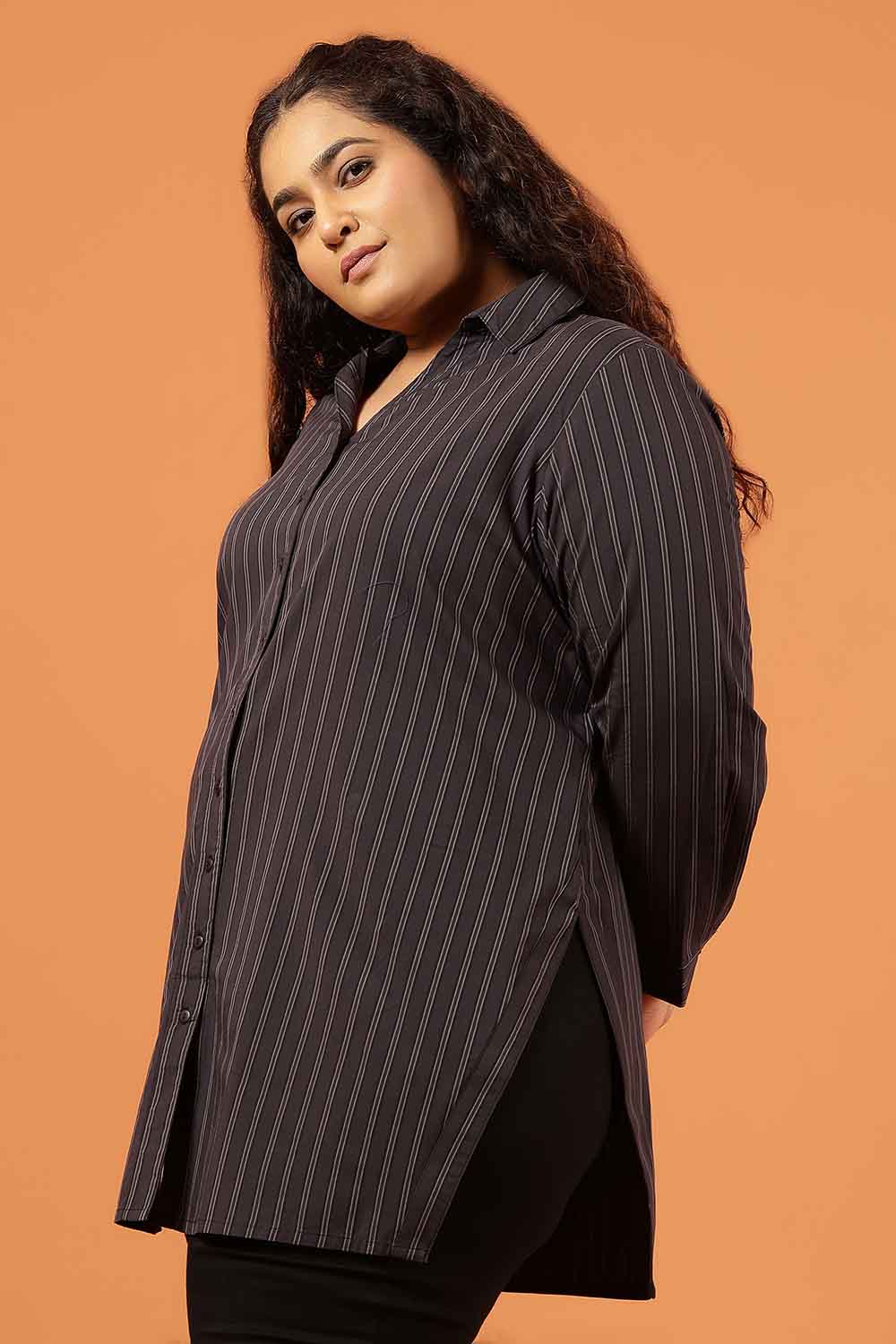 Plus Size Black Pinstripe Cotton High Slit Longline Shirt for Women