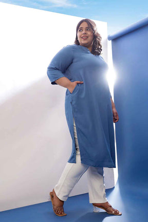 Plus Size Blue Rayon Twill V Neck Kurta