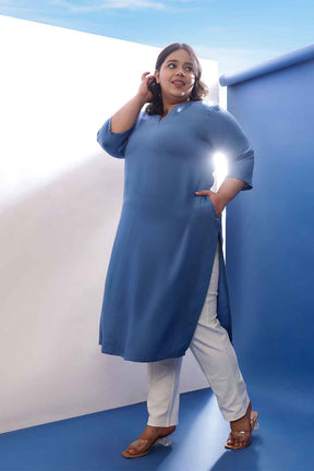 Plus Size Blue Rayon Twill V Neck Kurta