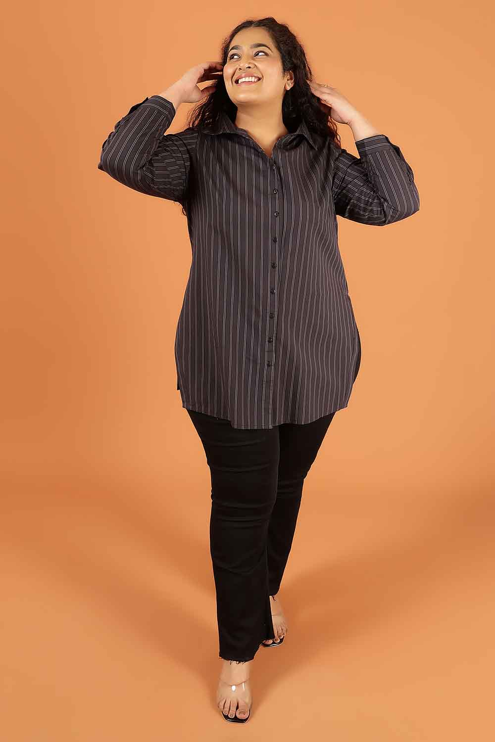 Plus Size Black Pinstripe Cotton High Slit Longline Shirt