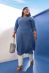 Plus Size Blue Rayon Twill V Neck Kurta
