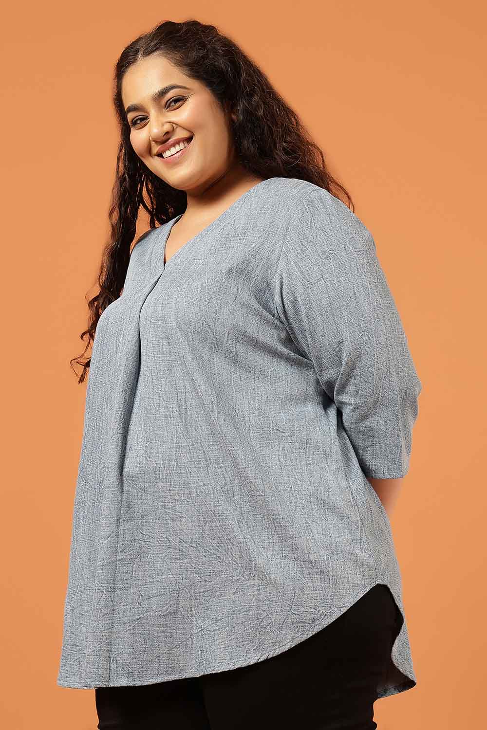Plus Size Acid Wash Denim Cotton Top for Women