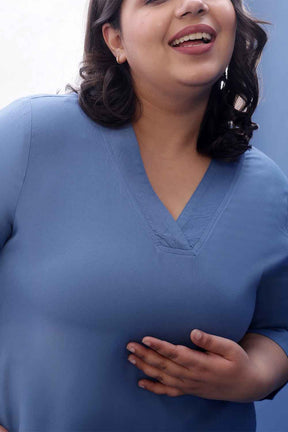 Plus Size Blue Rayon Twill V Neck Kurta