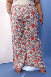 Plus Size Floral Printed Cotton Linen High Waist Pant