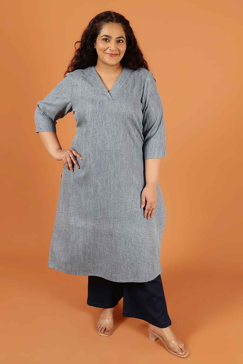 Plus Size Acid Wash Denim Cotton Kurta for Women