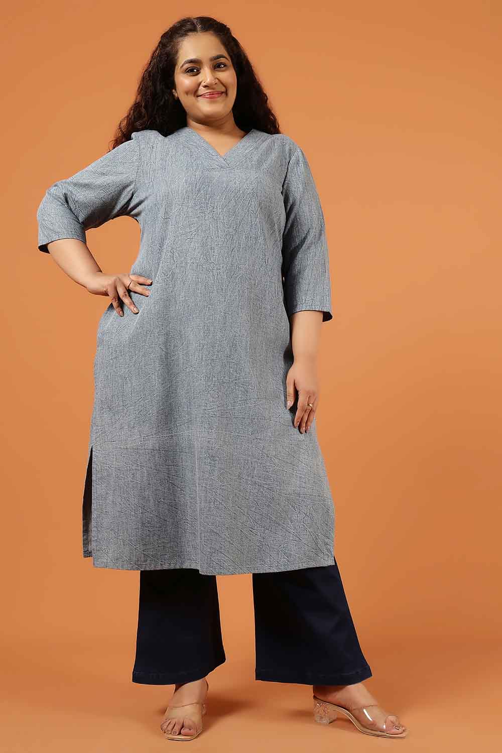 Comfortable Plus Size Acid Wash Denim Cotton Kurta