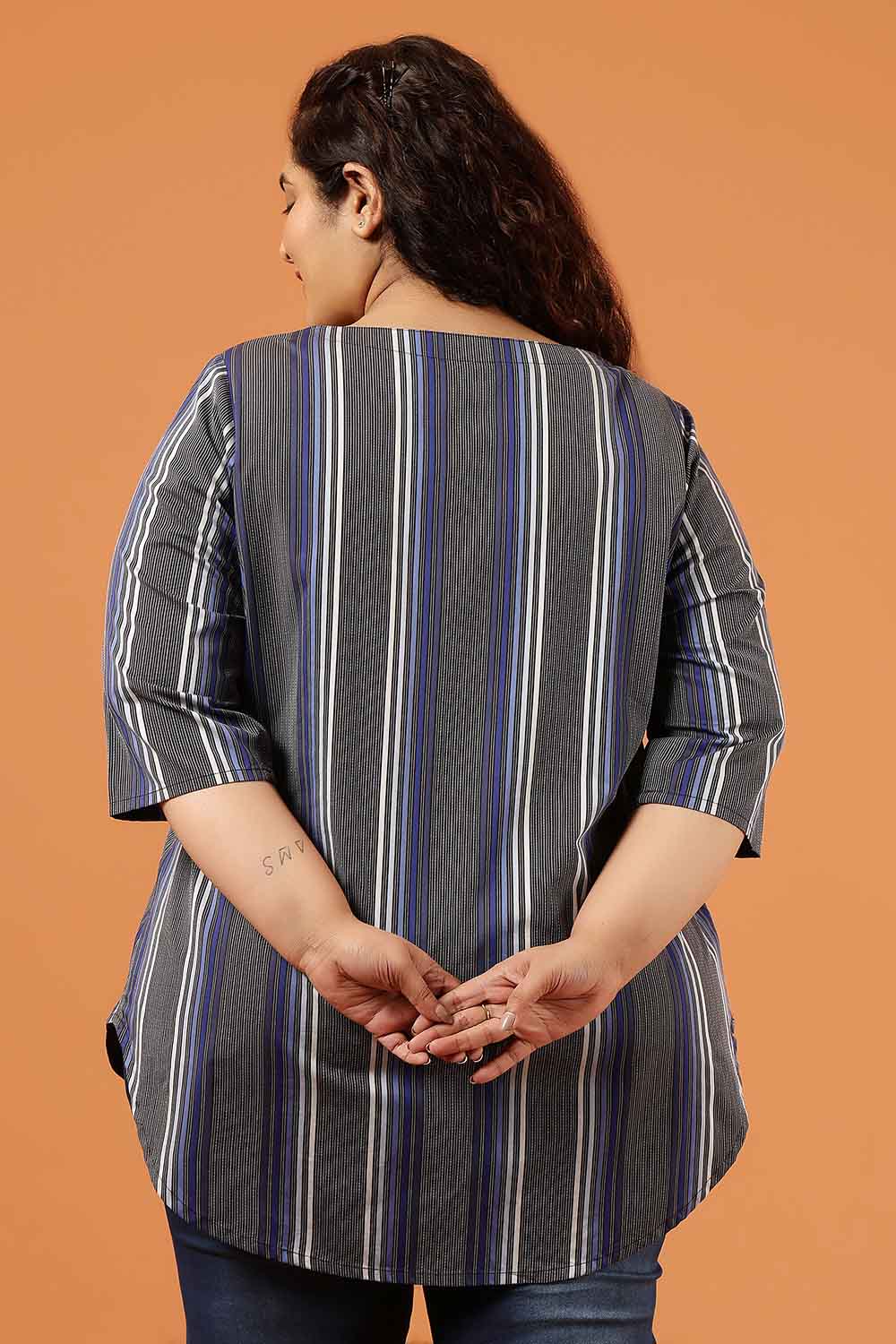 Plus Size Grey & Blue Striped Cotton V Neck Top