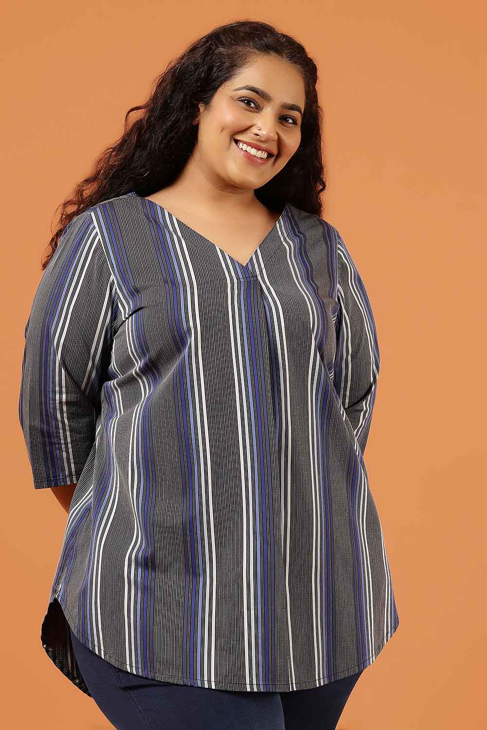 Plus Size Plus Size Grey & Blue Striped Cotton V Neck Top