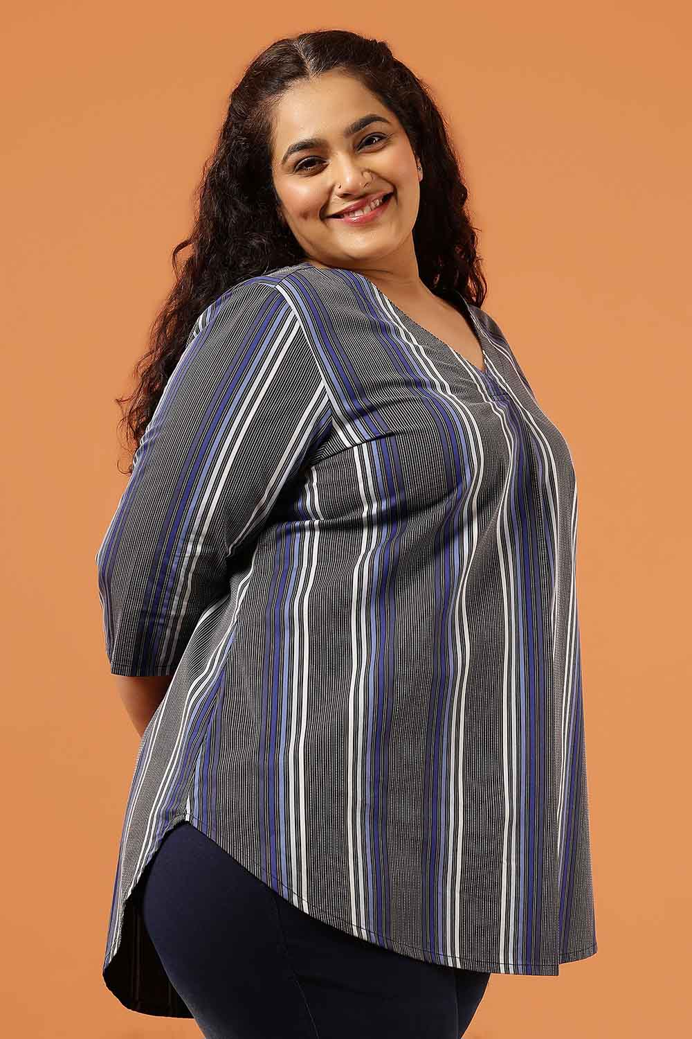 Plus Size Grey & Blue Striped Cotton V Neck Top for Women