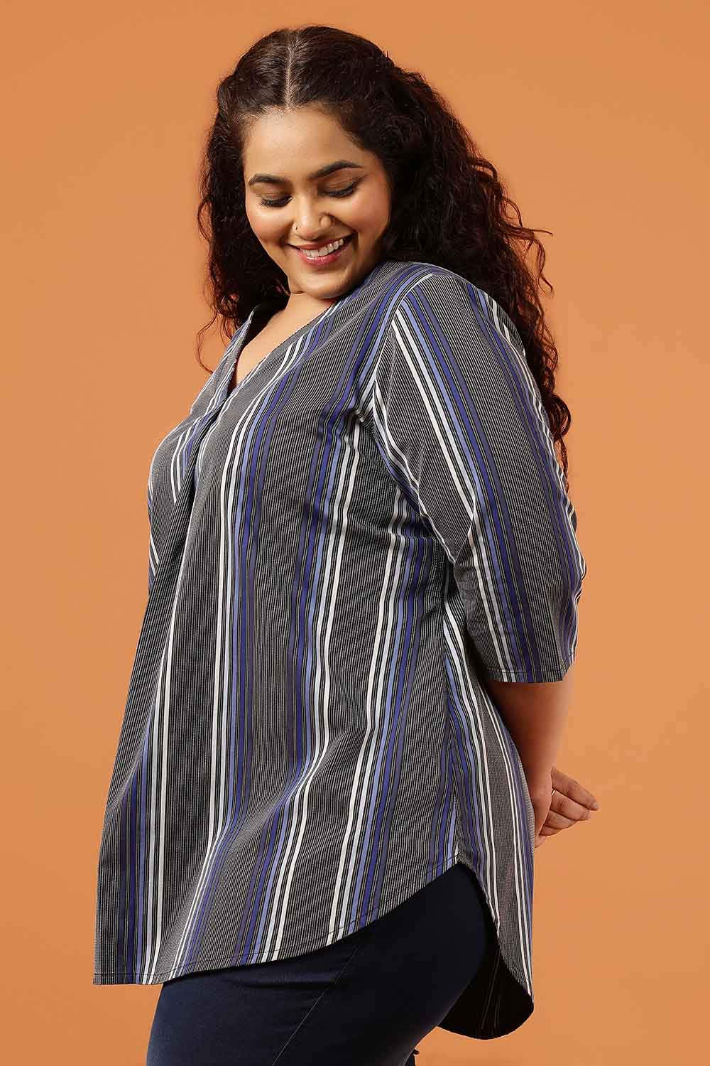Comfortable Plus Size Grey & Blue Striped Cotton V Neck Top