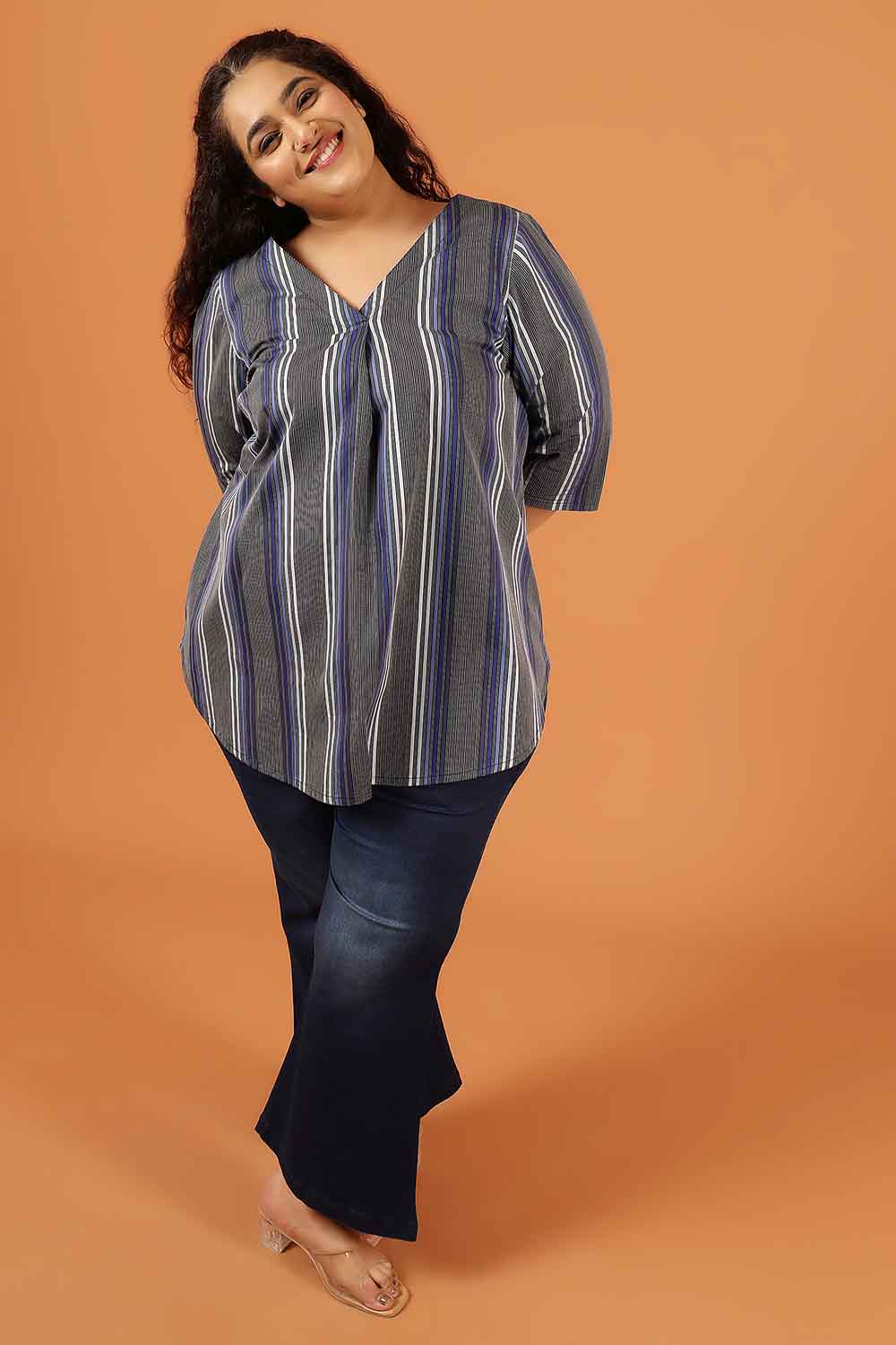 Plus Size Grey & Blue Striped Cotton V Neck Top