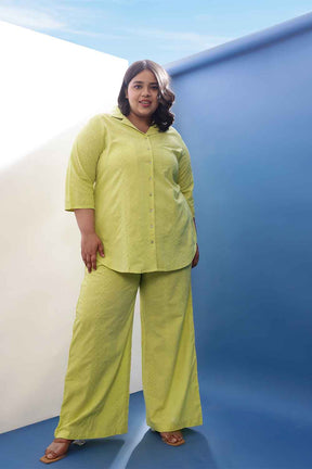 Plus Size Lime Green Cotton Schiffli Shirt Coord Set