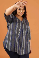 Plus Size Grey & Blue Striped Cotton V Neck Top