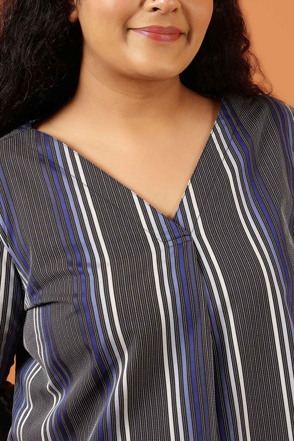 Plus Size Grey & Blue Striped Cotton V Neck Top