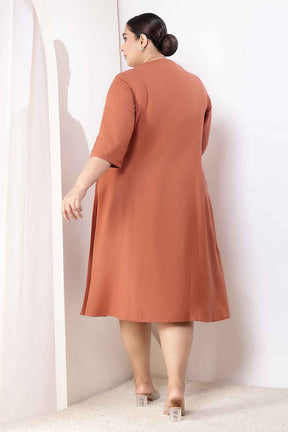 Plus Size  Mocha Brown Cotton Linen Midi Dress