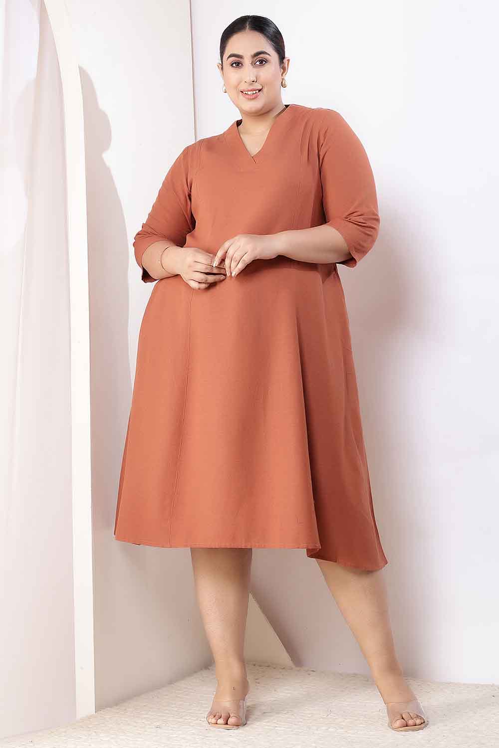 Plus Size Plus Size  Mocha Brown Cotton Linen Midi Dress