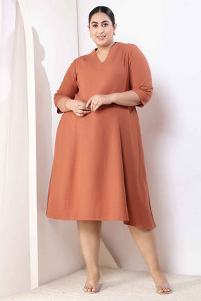 Plus Size  Mocha Brown Cotton Linen Midi Dress