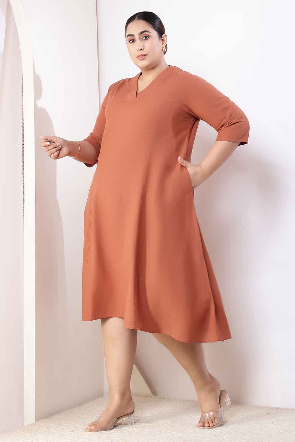 Plus Size  Mocha Brown Cotton Linen Midi Dress for Women