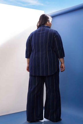 Plus Size Blue Weave Work Cotton Shirt Coord Set