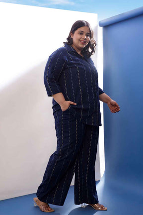 Plus Size Blue Weave Work Cotton Shirt Coord Set