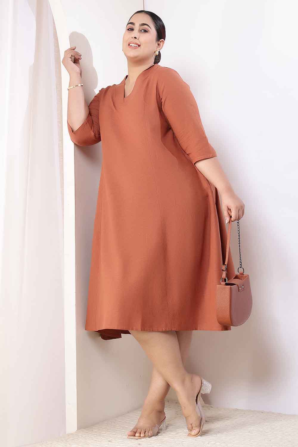 Plus Size  Mocha Brown Cotton Linen Midi Dress