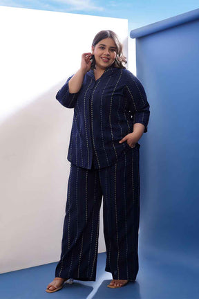 Plus Size Blue Weave Work Cotton Shirt Coord Set