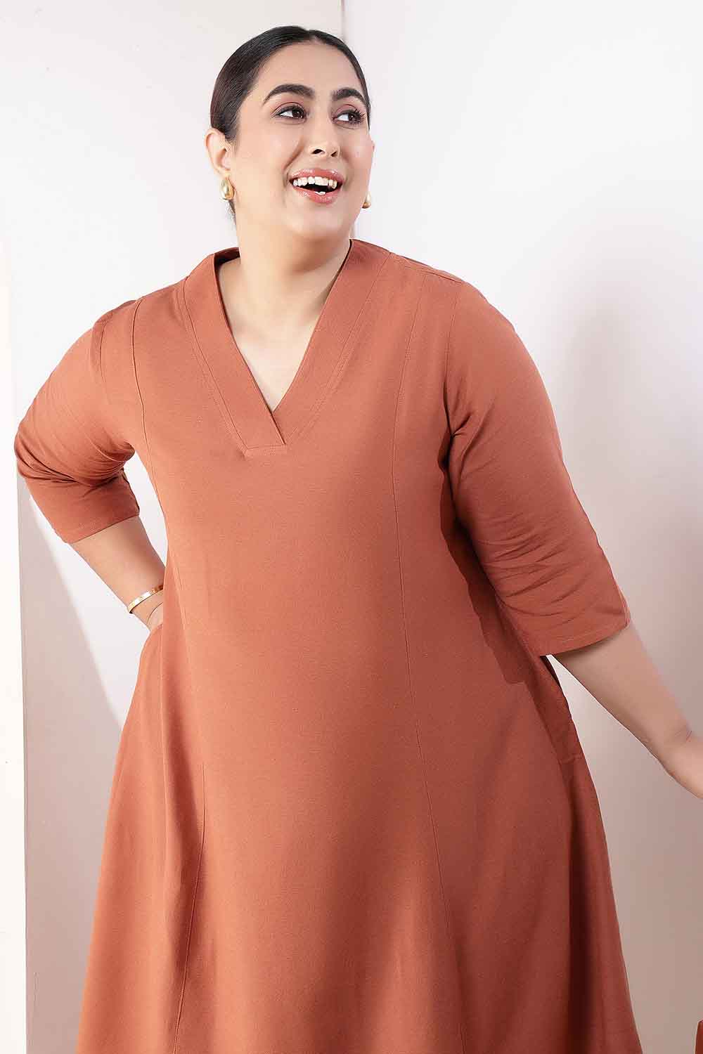 Plus Size  Mocha Brown Cotton Linen Midi Dress