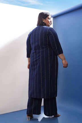 Plus Size Blue Weave Work Cotton Kurta Coord Set