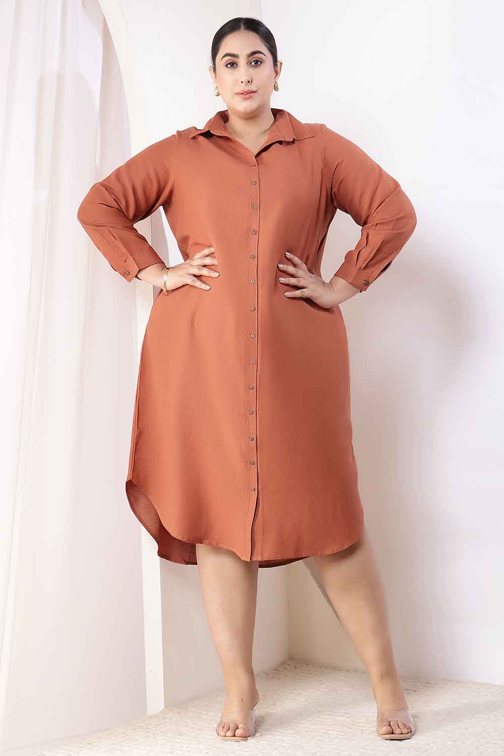 Buy Plus Size  Mocha Brown Cotton Linen Shirt Dress