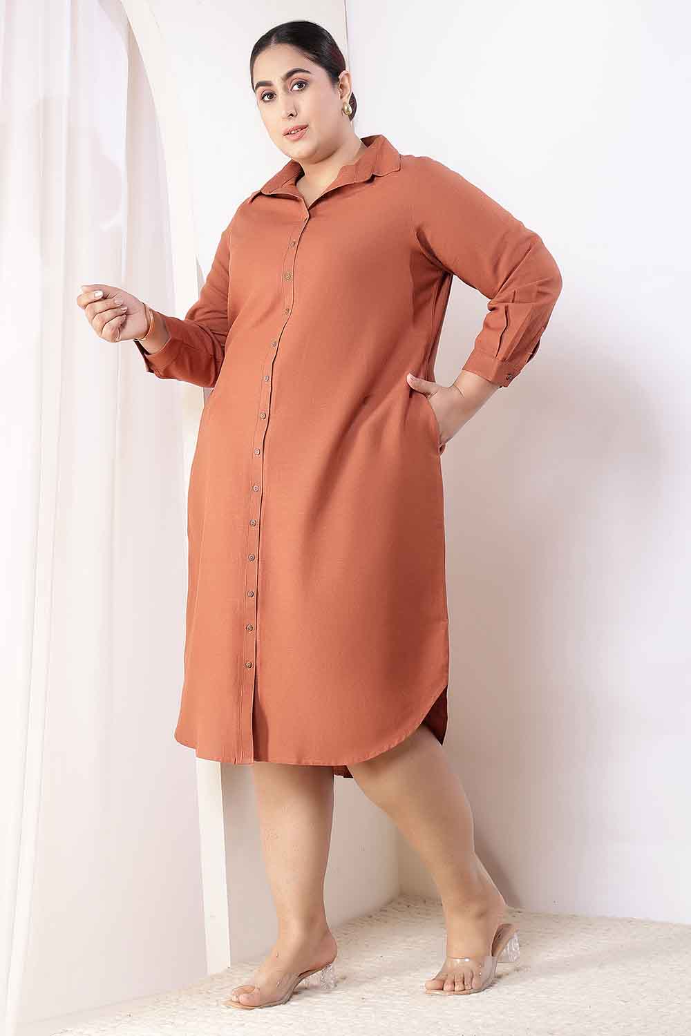 Plus Size  Mocha Brown Cotton Linen Shirt Dress for Women