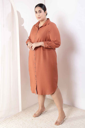 Plus Size  Mocha Brown Cotton Linen Shirt Dress