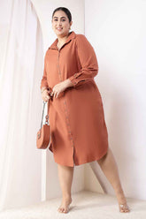 Plus Size  Mocha Brown Cotton Linen Shirt Dress