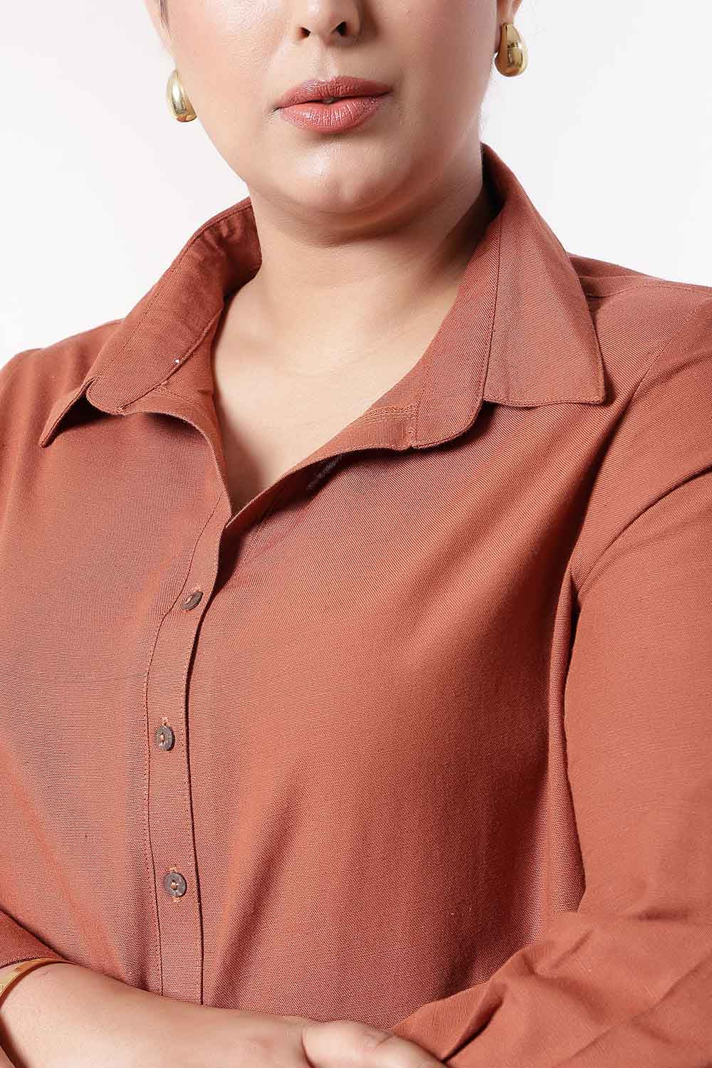 Comfortable Plus Size  Mocha Brown Cotton Linen Shirt Dress