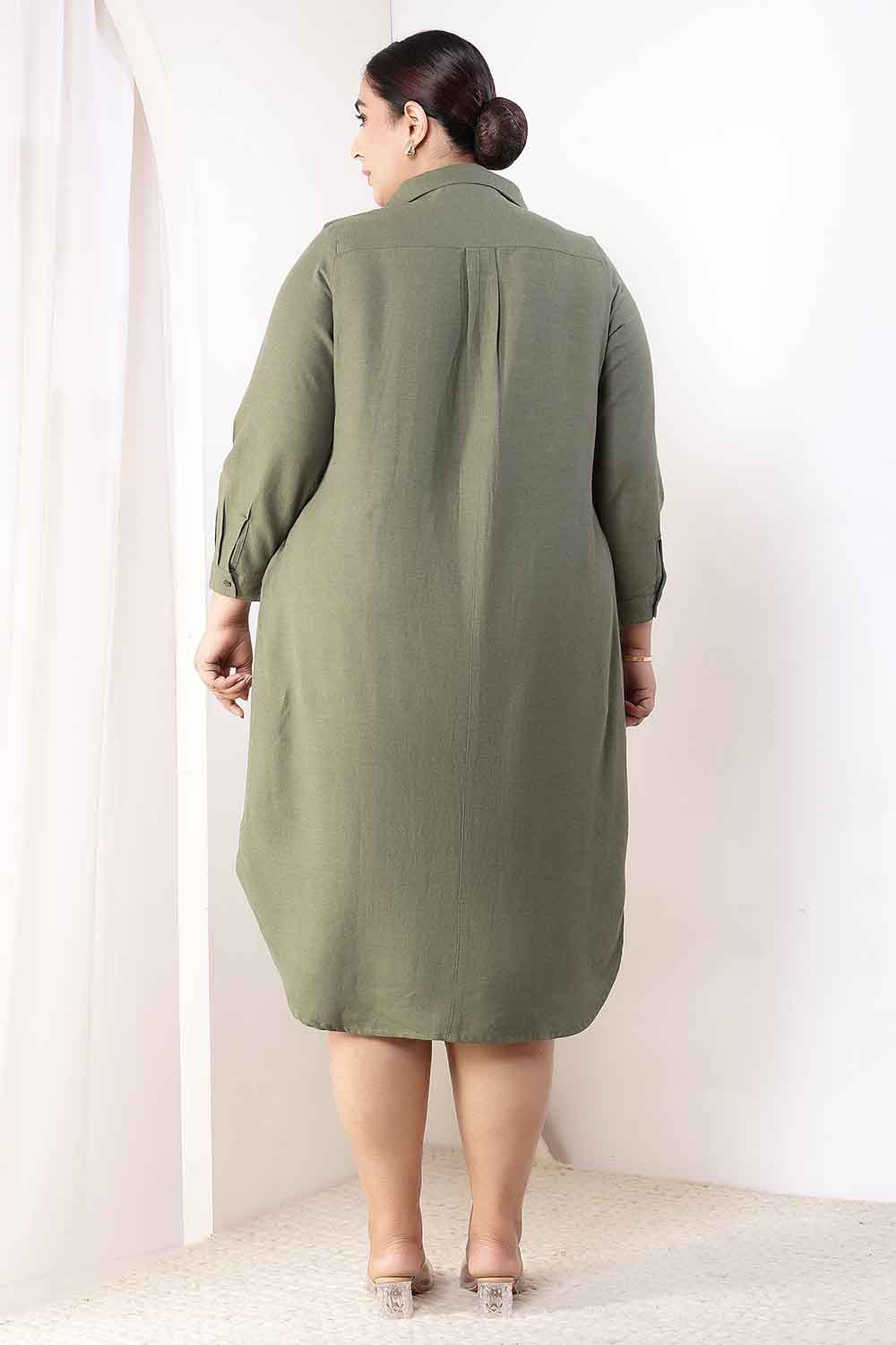 Plus Size Olive Green Cotton Linen Shirt Dress