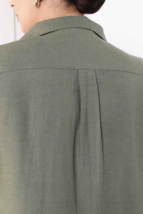 Plus Size Olive Green Cotton Linen Shirt Dress