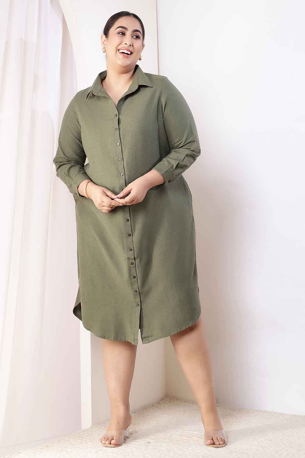 Plus Size Plus Size Olive Green Cotton Linen Shirt Dress