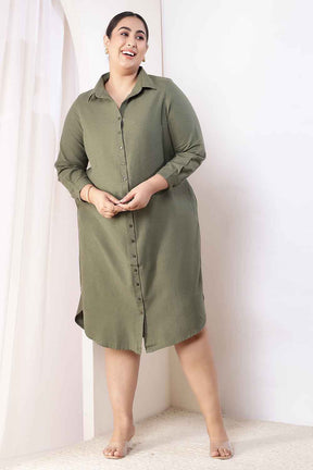 Plus Size Olive Green Cotton Linen Shirt Dress