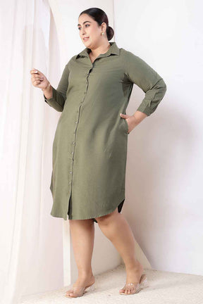 Plus Size Olive Green Cotton Linen Shirt Dress