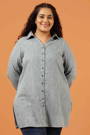 Plus Size Tort Blue Denim High Slit Longline Shirt
