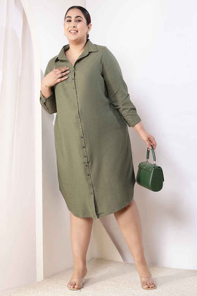 Plus Size Olive Green Cotton Linen Shirt Dress