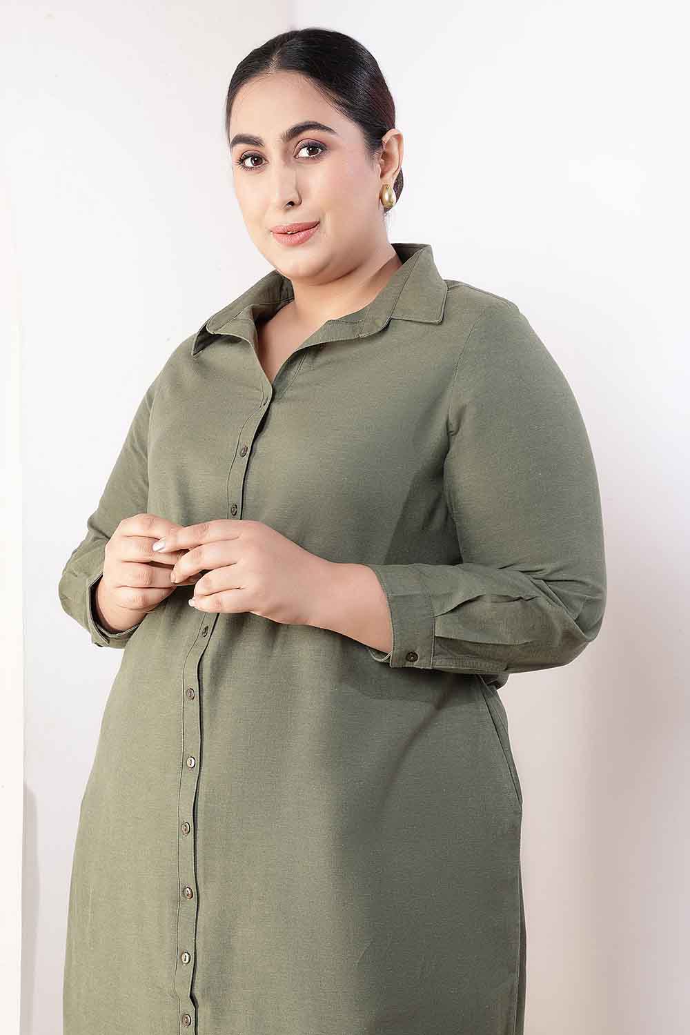 Plus Size Olive Green Cotton Linen Shirt Dress