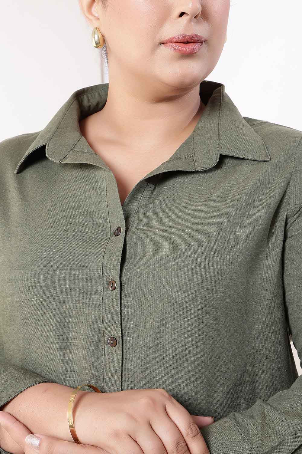 Plus Size Olive Green Cotton Linen Shirt Dress